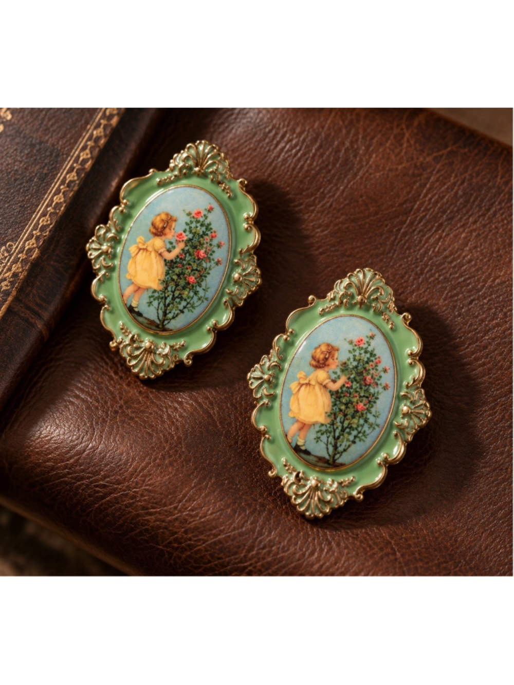 VTG Victorian Girl Rose Cameo Earrings Gold Museum Medallion Court Cottagecore